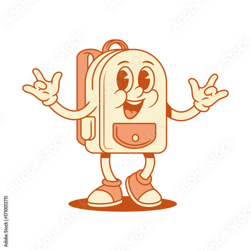 Cool cheerful schoolbag back to school cartoon character rock gesture isometric vector illustration. Smiling happy comic backpack bag pupil study education knowledge minimalist mascot positive emotion