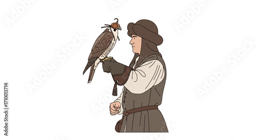 A falconer illustration showcasing traditional hunting practices with a hooded bird of prey perched on a gloved hand for historical or cultural educational resources