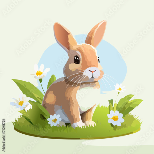 3D Kaninchen, auf grüner Wiese, Frühlingsblumen, weiches Licht, fotorealistisch, niedlich