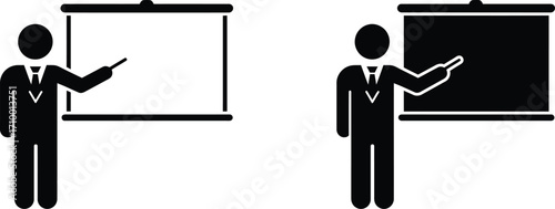 Stick figure presenting to a whiteboard and a projection screen