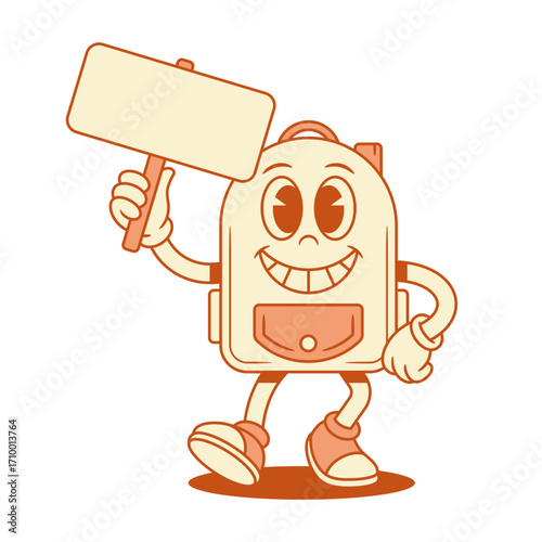 Smiling schoolbag back to school cartoon character with signboard isometric vector illustration. Happy cheerful backpack bag pupil education minimalist mascot with board announcement promo advertising