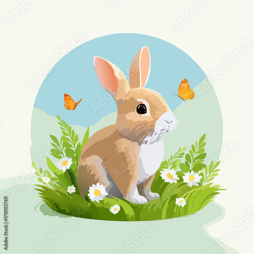 3D Kaninchen, auf grüner Wiese, Frühlingsblumen, weiches Licht, fotorealistisch, niedlich