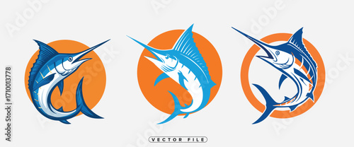 Three vibrant marlin illustrations set against orange oval backgrounds