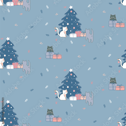 Seamless Christmas Cats Pattern with Snowy Tree and Holiday Gifts on Blue Background