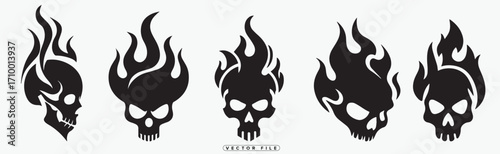 Five black flame skull designs arranged in a horizontal row