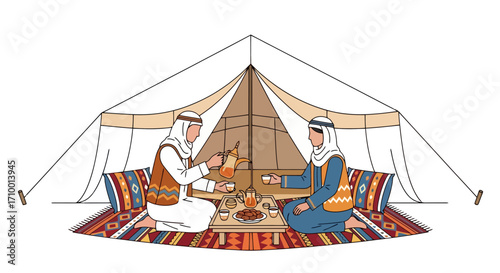 Traditional Arabian hospitality scene showcasing two men sharing tea in a desert tent, embodying cultural traditions and social gathering with detailed carpet and pillows