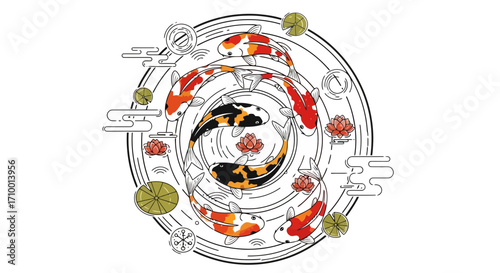 An elegant circular illustration featuring colorful koi fish swimming gracefully amidst lotus flowers and lily pads, perfect for zen-inspired design and decorative art