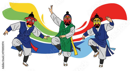 Three masked performers engaging in traditional korean dance with vibrant flowing ribbons for cultural events and artistic illustrations