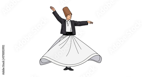 A simple illustration of a whirling dervish in traditional attire, showcasing spiritual dance and cultural heritage, suitable for educational materials and cultural presentations.
