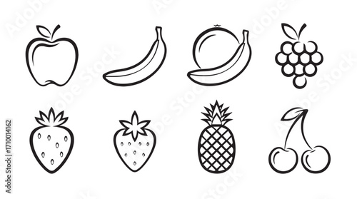 Assorted fresh fruit icons set hand drawn outline style for healthy eating and food concepts silhouette