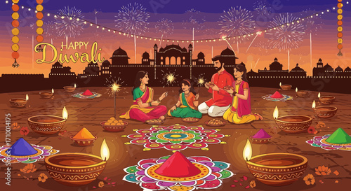 A vibrant illustration celebrating the hindu festival of diwali, featuring a family gathered together amidst glowing diyas, intricate rangoli patterns, and festive fireworks in the night sky