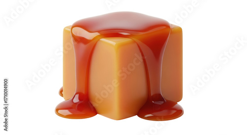 Bild auf Leinwand Isolated caramel cube covered in sweet syrup, rich buttery dessert, confectioner