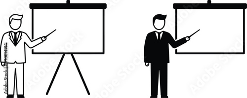 Two presenters giving presentations with whiteboards in a simple black and white style