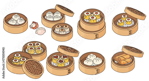 An assortment of colorful, illustrative dim sum in bamboo steamers for use in Asian food menus and restaurant promotional materials, celebrating Chinese cuisine
