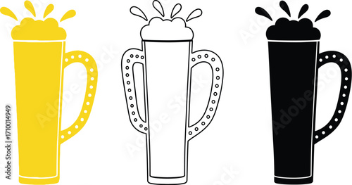 Three stylized beer mugs with frothy heads, rendered in yellow, outline, and black.
