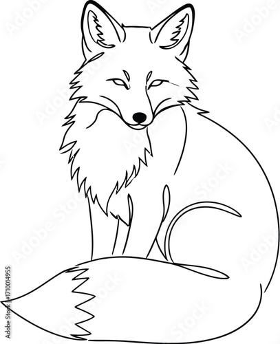 Elegant single line drawing of a sitting fox with bushy tail