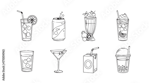 Collection of assorted refreshing hand drawn cocktails and drinks perfect for summer advertisements silhouette