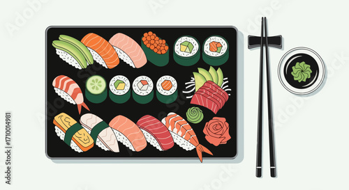 A delightful sushi assortment on a black tray showcasing various types of nigiri, maki, and sashimi alongside chopsticks and soy sauce for culinary presentations