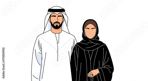 An illustration depicting a couple in traditional emirati attire, showcasing cultural heritage and identity for educational resources and community awareness campaigns