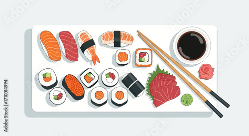 An exquisite assortment of freshly prepared sushi and sashimi, beautifully arranged on a pristine white platter, ideal for restaurant menus and Asian food blogs