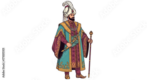 An illustration of a distinguished sultan adorned in traditional Ottoman attire, showcasing cultural heritage and historical significance, suitable for educational resources