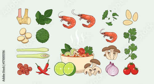 A vibrant flat lay illustration of tom yum soup ingredients showcasing shrimp, lemongrass, lime, ginger, chili, mushrooms, and herbs for culinary design and cooking blogs