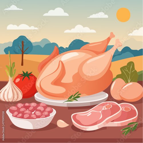 Fresh raw chicken meat and eggs set. Breasts filet, drumsticks, thighs, wings and other poultry carcass parts and products. Grocery market concept. Vector illustration.