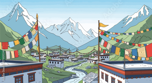 A serene tibetan village nestled in the himalayan mountains, featuring prayer flags fluttering in the wind and traditional architecture for travel and cultural exploration