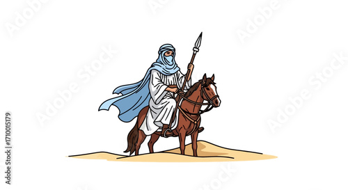 A stylized drawing depicts an arabian warrior riding a horse holding a spear, suitable for historical books, educational materials, or cultural heritage illustrations to enhance visual storytelling.