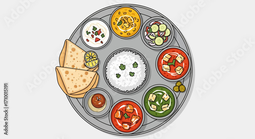 An illustration of a traditional indian thali meal featuring rice, roti, various curries, yogurt, and salad served on a round metal plate for culinary and cultural themes