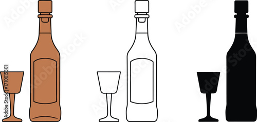 Three distinct bottles and glasses, showcasing different styles and colors for beverage presentation.