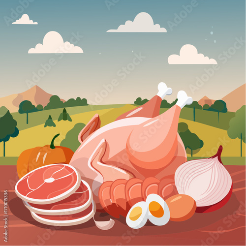 Fresh raw chicken meat and eggs set. Breasts filet, drumsticks, thighs, wings and other poultry carcass parts and products. Grocery market concept. Vector illustration.