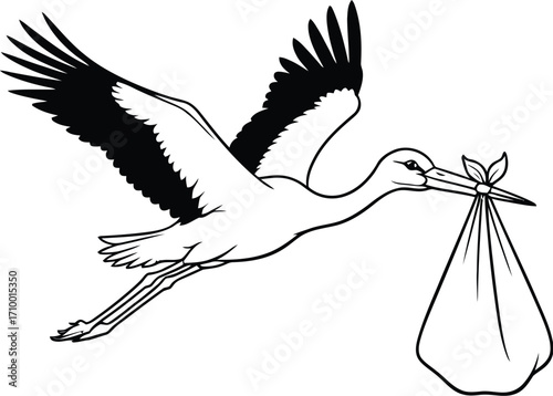 Whimsical stork delivering a baby bundle, symbolizing new life and family beginnings.