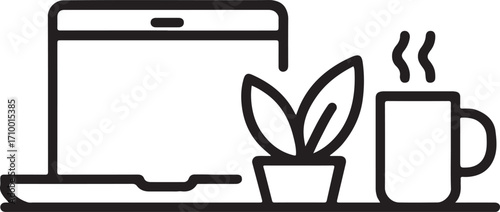 Remote work desk setup silhouette, home office, productivity tools and workspace concept.
