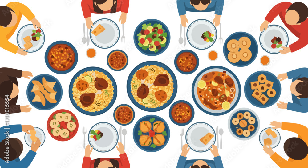 Fototapeta premium A top-down view of a diverse food spread showcasing a shared meal experience with friends and family in a warm and inviting setting perfect for social gatherings