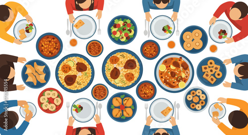 A top-down view of a diverse food spread showcasing a shared meal experience with friends and family in a warm and inviting setting perfect for social gatherings