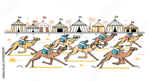 An animated illustration depicting a thrilling camel race through the desert with tents and palm trees for Middle Eastern cultural events