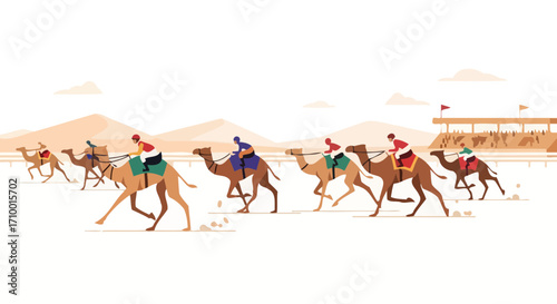 A vibrant illustration depicting a camel race with jockeys during a traditional event, ideal for cultural tourism promotion and sport event posters