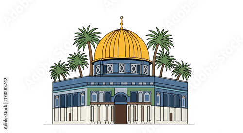 An illustrated depiction of the dome of the rock in jerusalem, surrounded by palm trees, showcasing middle eastern architecture and cultural heritage for travel and historical content
