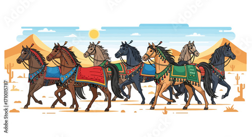 A dynamic illustration of a caravan of horses adorned with colorful blankets trekking across a desert landscape under a bright sun for travel and adventure