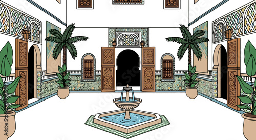 An intricately designed Moroccan courtyard with a central fountain, ornate tilework, and lush greenery for architectural visualization and cultural representation