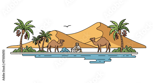 A minimalistic vector illustration of a desert oasis featuring camels, palm trees, and a traveler resting beside a small water source for travel and cultural design