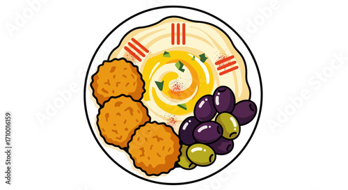 An appetizing illustration of a middle eastern mezze plate featuring falafel, hummus, and olives, perfect for culinary blog posts and restaurant menus