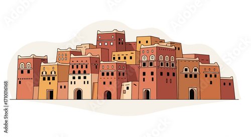 An illustration showcasing a traditional middle eastern village with clay buildings for travel brochures and cultural heritage preservation awareness campaigns