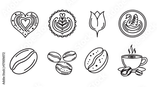 Hand drawn coffee latte art hearts beans cup and flower icons set sketchy style silhouette