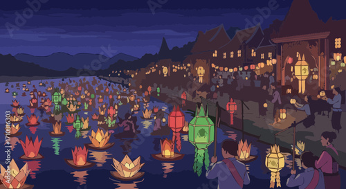 Animated depiction of loy krathong festival with glowing lanterns floating on the river at night, creating a serene and festive atmosphere for cultural celebration and tourism