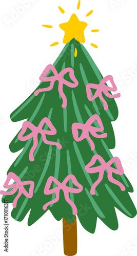 Christmas tree hand drawn with star,pink bows illustrations in flat style. Colorful winter trees  for holiday xmas and new year. Vector illustration.