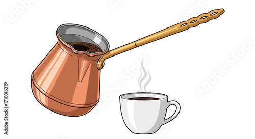 A steaming cup of turkish coffee served next to a cezve pot, a perfect illustration for menus, blogs, cookbooks, and cultural heritage projects highlighting culinary traditions