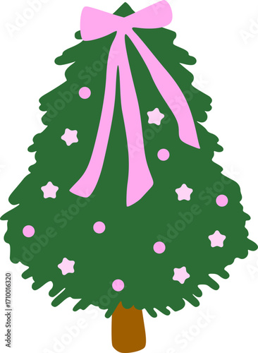 Christmas tree hand drawn with pink bow,star, ornament illustrations in flat style. Colorful winter trees  for holiday xmas and new year. Vector illustration.