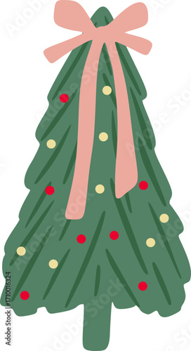 Christmas tree hand drawn with pink bow,ornament  illustrations in flat style. Colorful winter trees  for holiday xmas and new year. Vector illustration.